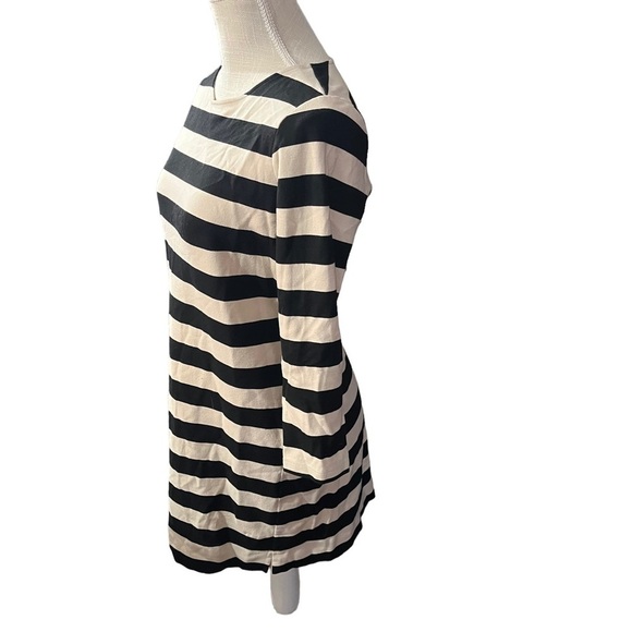 Theory Women Cream & Black Striped Long Sleeve Round Neck Mini Shift Dress Sz M - Picture 3 of 15